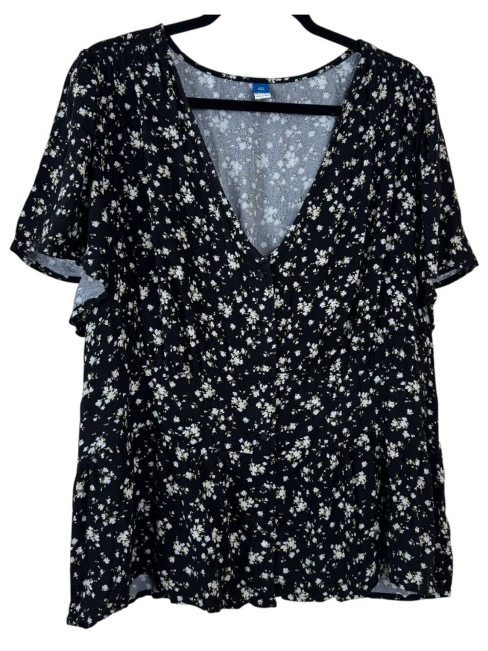 Old Navy NEW Black Floral Blouse Size XXL Tall Button Front Smocked Casual Ivory